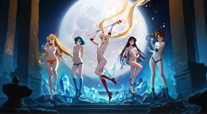 Костяк(NU) - 18+, Моё, Девушки, Anime Art, Контент нейросетей, Sailor Moon, Sailor Jupiter, Sailor Venus, Sailor Mercury, Sailor Mars, Обои на рабочий стол, NSFW