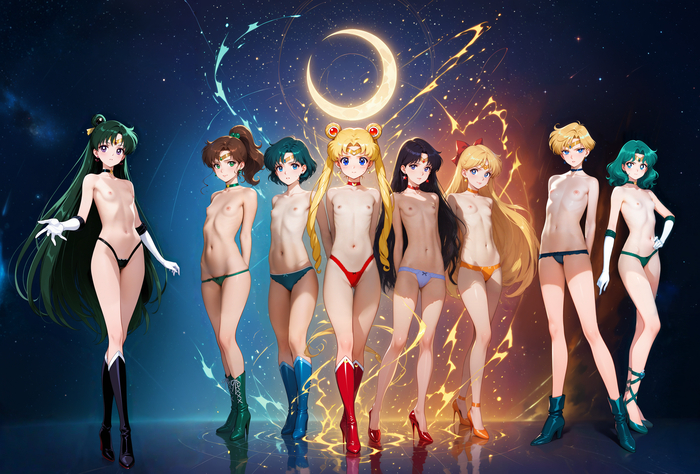 Расширенный состав(NU) - 18+, Моё, Девушки, Anime Art, Контент нейросетей, Sailor Moon, Sailor Mars, Sailor Venus, Sailor Jupiter, Sailor Mercury, Sailor Saturn, Sailor neptune, Sailor uranus, NSFW, Обои на рабочий стол, Панцу, Сиськи