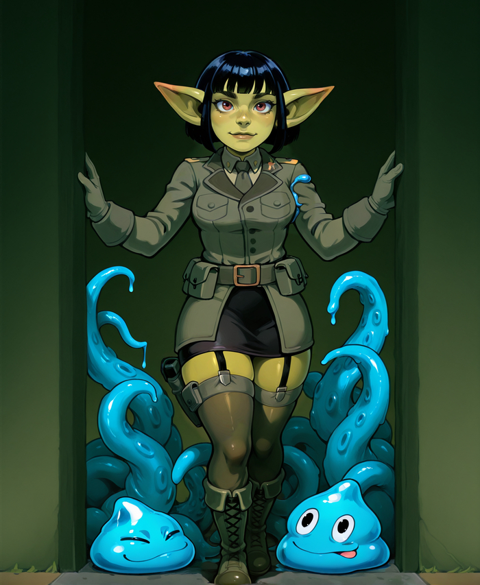 Продолжение поста «Она, она, зелёная была!» - Серия Оркоиды гоблиноиды и прочие зеленоиды, 18+, Моё, Арт, Рисованная эротика, Арты нейросетей, Контент нейросетей, Stable Diffusion, Эротика, Гоблины, Гоблин-Тян, Slime, Военная форма, Чулки, Ответ на пост, NSFW, Волна постов