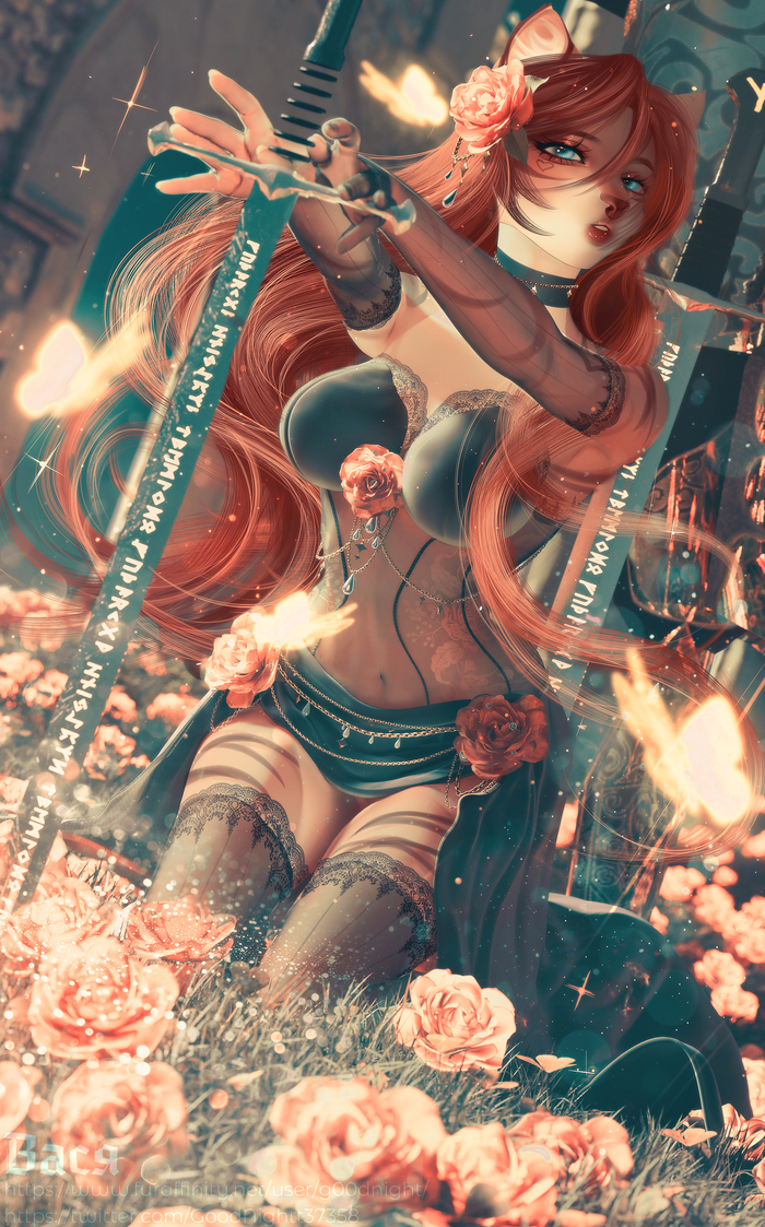 Field of roses - 18+, My, Art, Furry, Furry art, Anthro, G00dnight, NSFW