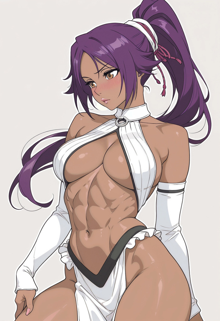 Yoruichi - 18+, Моё, Контент нейросетей, Аниме, Anime Art, Арт, Девушки, Shihouin Yoruichi, Bleach, Арты нейросетей, Сиськи, Крепкая девушка, NSFW