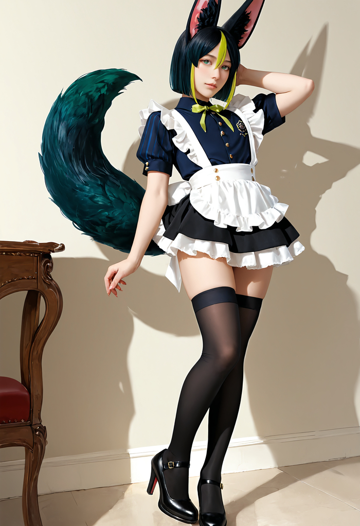 Tignari - 18+, My, Neural Network Content, Anime art, Anime, Neural network art, Stable diffusion, Genshin impact, Tighnari (Genshin Impact), Its a trap!, Housemaid, Colorful hair, Longpost, NSFW