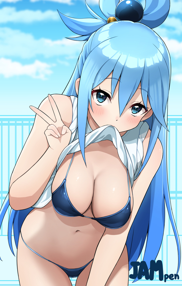 Aqua-sama Pool, the season doesn't matter - 18+, Anime, Anime art, Konosuba, Aqua, Swimsuit, T-shirt, Boobs, Pixiv, NSFW