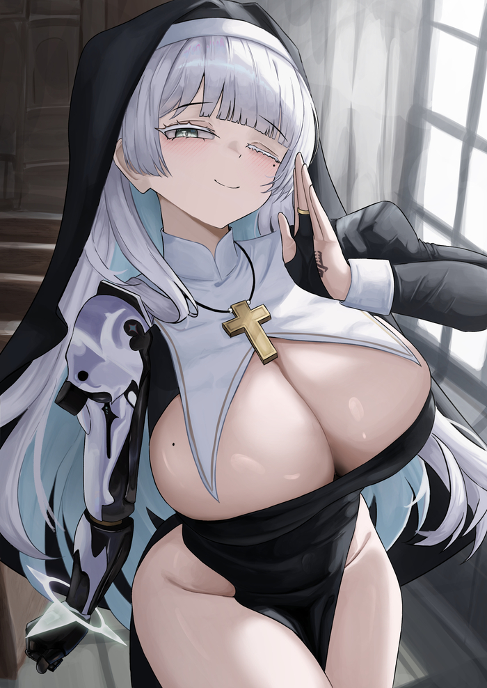Nayuta - 18+, Anime, Anime art, Hand-drawn erotica, Boobs, Big size, Hips, Goddess of victory: nikke, Nayuta (Nikke), Nun, NSFW