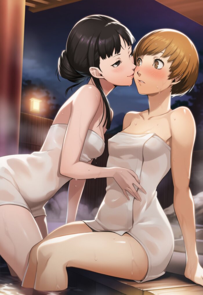 It's time to wash up, Chie-chan... - 18+, Neural Network Content, Art, Anime, Anime art, Hand-drawn erotica, Erotic, Neural network art, Persona, Persona 4, Chie Satonaka, Etty, Games, Game art, Amagi Yukiko, NSFW