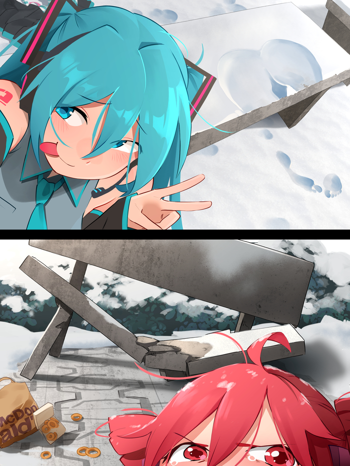 Miku+Teto - 18+, Anime, Anime art, Khyleri, Patreon, Boobs, Vocaloid, Hatsune Miku, Utauloid, Kasane Teto, Red eyes, Redheads, Embarrassment, Longpost, NSFW