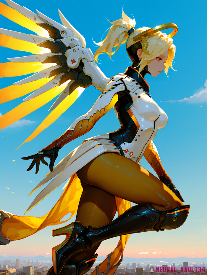 Merci at work - 18+, My, Neural Network Content, Neural network art, Anime art, Anime, Hand-drawn erotica, Mercy, Longpost, NSFW