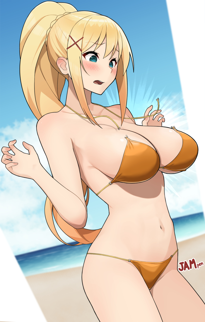 Darkness - 18+, Anime, Anime art, Konosuba, Darkness, Hand-drawn erotica, Beach, Swimsuit, Blonde, NSFW