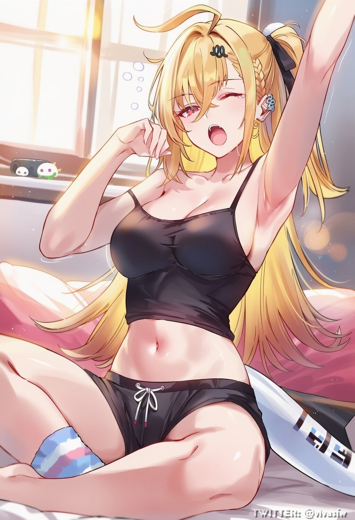 Yawn - 18+, Art, Anime, Zenless Zone Zero, Anime art, Girls, Stomach, Navel, Hips, Legs, Socks, Tail, Yawn, Erotic, Hand-drawn erotica, Neural network art, NSFW