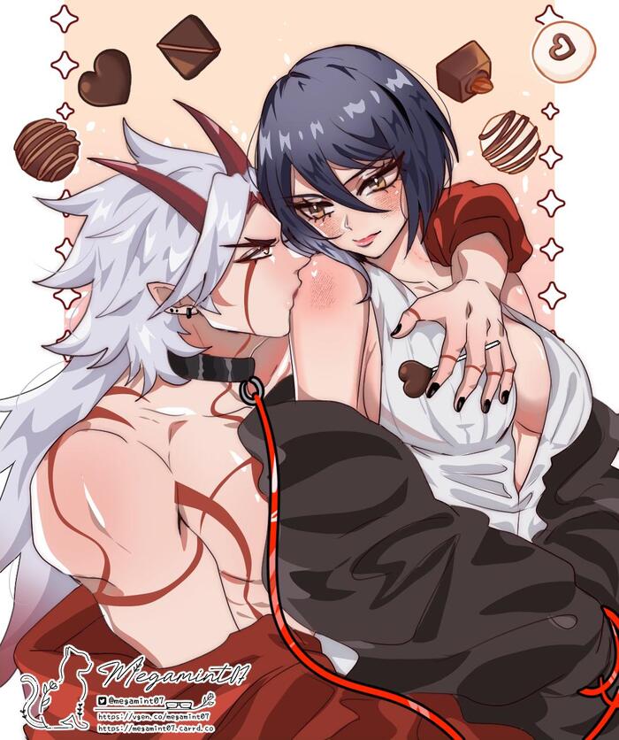 Sweet Tengu - 18+, Genshin impact, Anime art, Art, Erotic, Hand-drawn erotica, Kujou Sara (Genshin Impact), Arataki Itto, Boobs, Chocolate, Kiss, NSFW