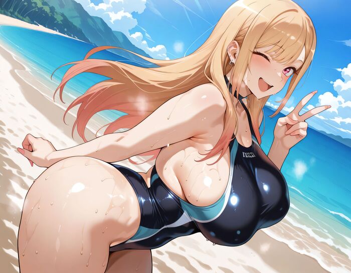 Marin - 18+, Контент нейросетей, Арт, Аниме, Anime Art, Рисованная эротика, Эротика, Арты нейросетей, Sono Bisque Doll wa Koi wo Suru, Marin Kitagawa, Extra thicc, Купальник, Длиннопост, NSFW