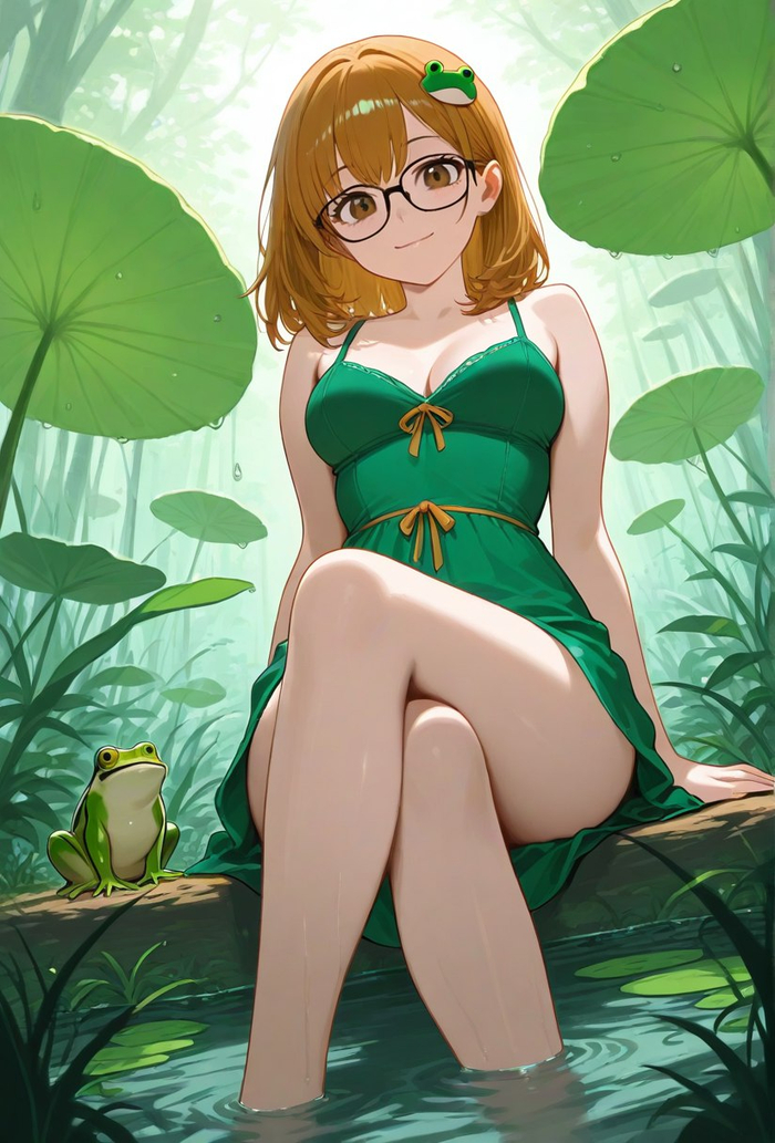 Is it Wednesday? - 18+, My, Neural Network Content, Anime, Anime art, Neural network art, Original character, Boobs, Frogs, Redheads, Glasses, Longpost, NSFW