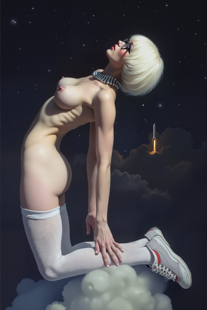 К звездам... - 18+, Моё, Контент нейросетей, Эротика, Арт, Космос, Блондинка, Топлес, NSFW