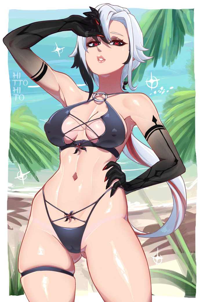 Arlecchino - 18+, Genshin impact, Anime art, Art, Hand-drawn erotica, Erotic, Arlecchino (Genshin Impact), Boobs, Navel, Swimsuit, Beach, NSFW