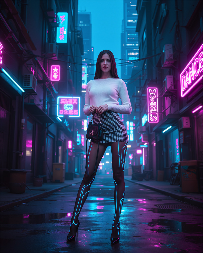 Красавица в неоне - 18+, Моё, Контент нейросетей, Арт, Эротика, Неон, NSFW