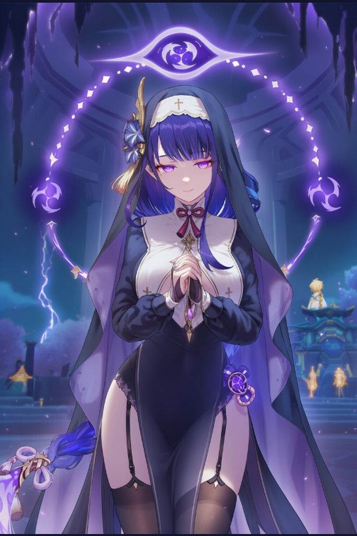 Hornashka Ei - 18+, Neural Network Content, Anime, Raiden Shogun (Genshin Impact), Pixiv, Genshin impact, Anime art, Neural network art, Nun, NSFW