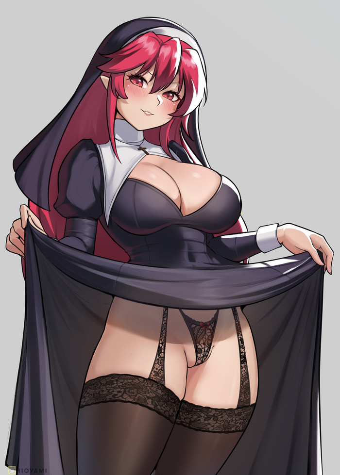 Setogaya Mari - 18+, Anime art, Anime, Stockings, Underwear, Girls, Hioyami, Red hair, Red eyes, Nun, NSFW