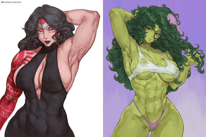 Ultimate Wonder Woman vs. She-Hulk - 18+, Tezy8, Art, Anime, Anime art, Hand-drawn erotica, Erotic, Marvel, Dc comics, She-Hulk, Wonder Woman, Muscleart, Strong girl, NSFW
