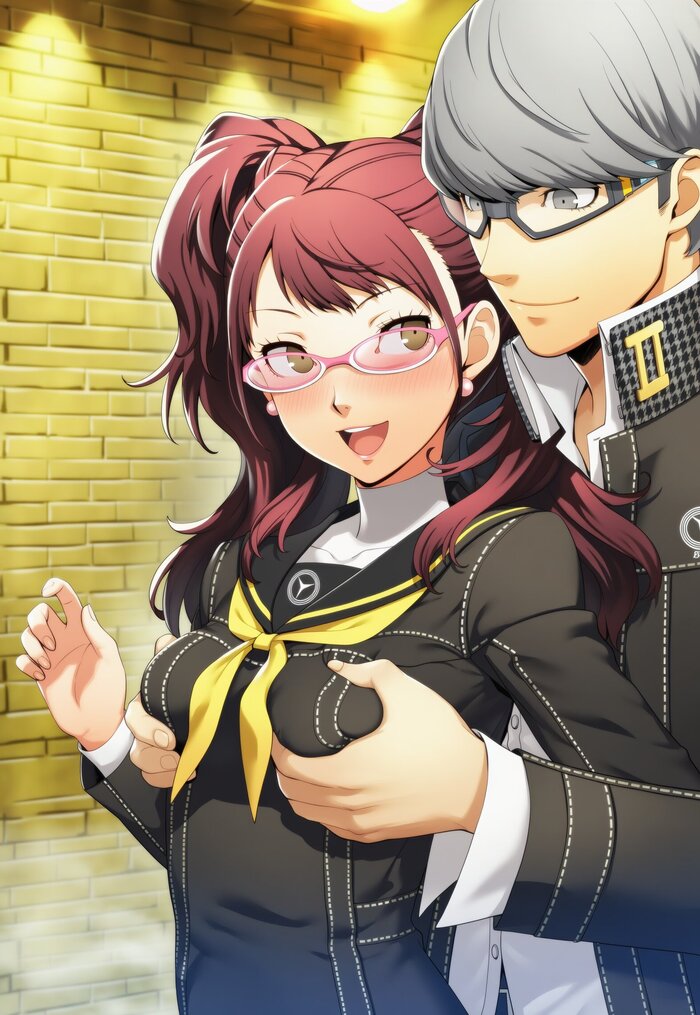 Riset - 18+, Neural Network Content, Murasaru7, Art, Anime, Anime art, Hand-drawn erotica, Erotic, Neural network art, Persona 4, Kujikawa Rise, Narukami Yu, Games, Game art, Glasses, Longpost, NSFW