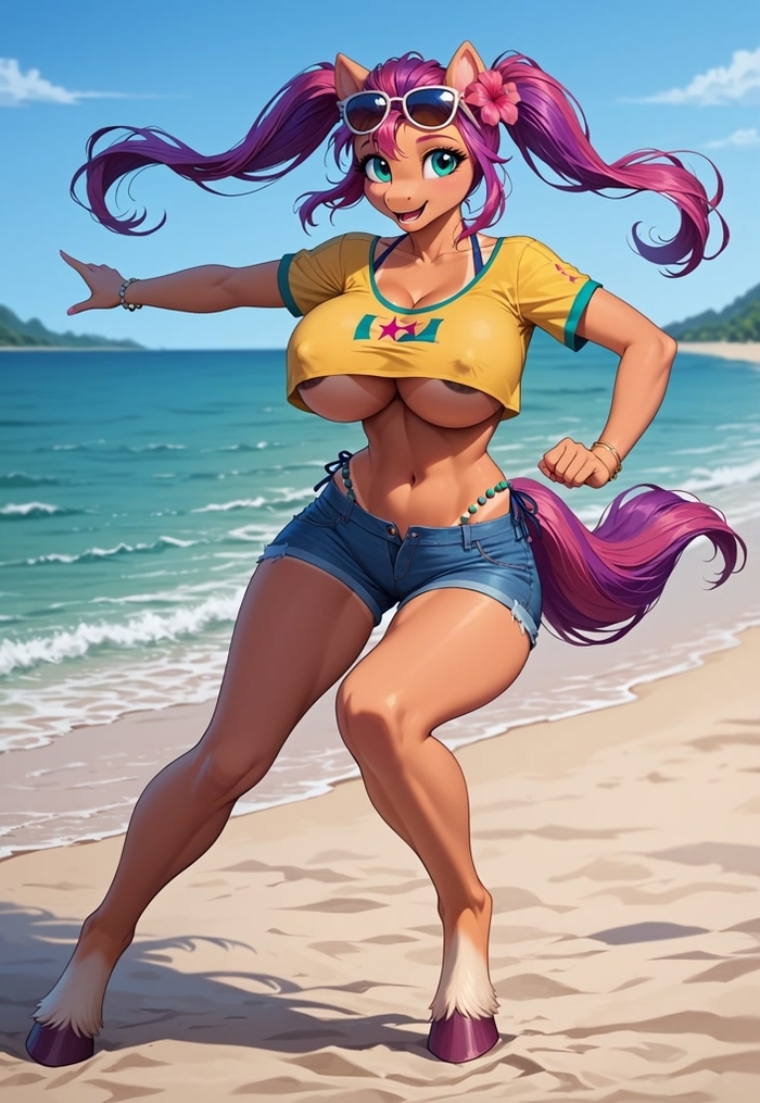 G5 grew up - Series Neuropony art, 18+, Neural Network Content, My little pony, MLP Suggestive, Anthro, MLP g5, Zipp storm, Pipp petals, Sunny starscout, Beach vacation, Big size, Underwear, Misty(g5), NSFW