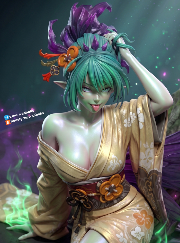 Prophet Dota 2 - 18+, Death Prophet, Dota, Dota 2, Art, Game art, 3D, Kimono, Boobs, Geisha, NSFW