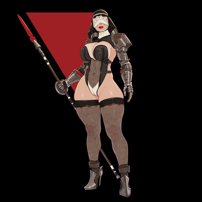 Fighting Nun - 18+, Art, Girls, Nun, Armored bra, Stockings, A spear, Eye patch, Fantasy, Erotic, NSFW