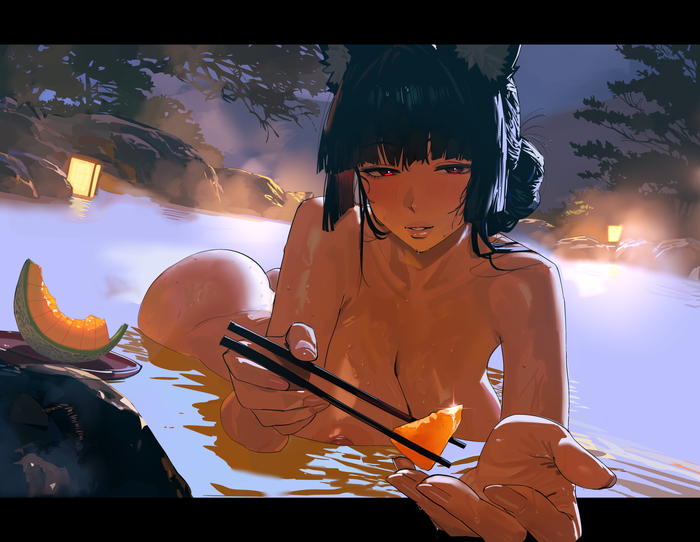 A melon? - 18+, Anime, Anime art, Hand-drawn erotica, Zenless Zone Zero, Hoshimi Miyabi (zzz), Hinto, The hot springs, Melon, NSFW