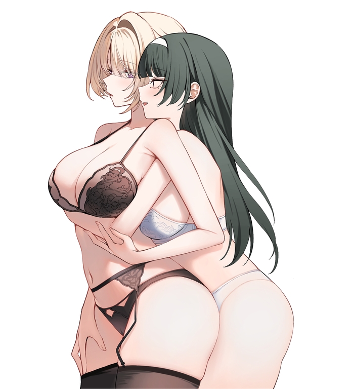 Hugs - 18+, Art, Anime, Zenless Zone Zero, Anime art, Evelyn Chevalier (zzz), Astra Yao (zzz), Girls, Underwear, Stockings, Boobs, Stomach, Navel, Blonde, Brunette, Erotic, Hand-drawn erotica, NSFW