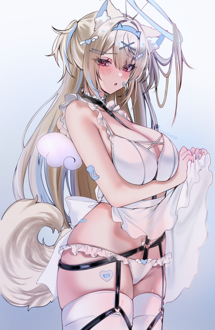 Fuwawa - 18+, Anime art, Anime, Hololive, Virtual youtuber, Fuwawa Abyssgard, Animal ears, Tail, Underwear, Stockings, Acedia, NSFW