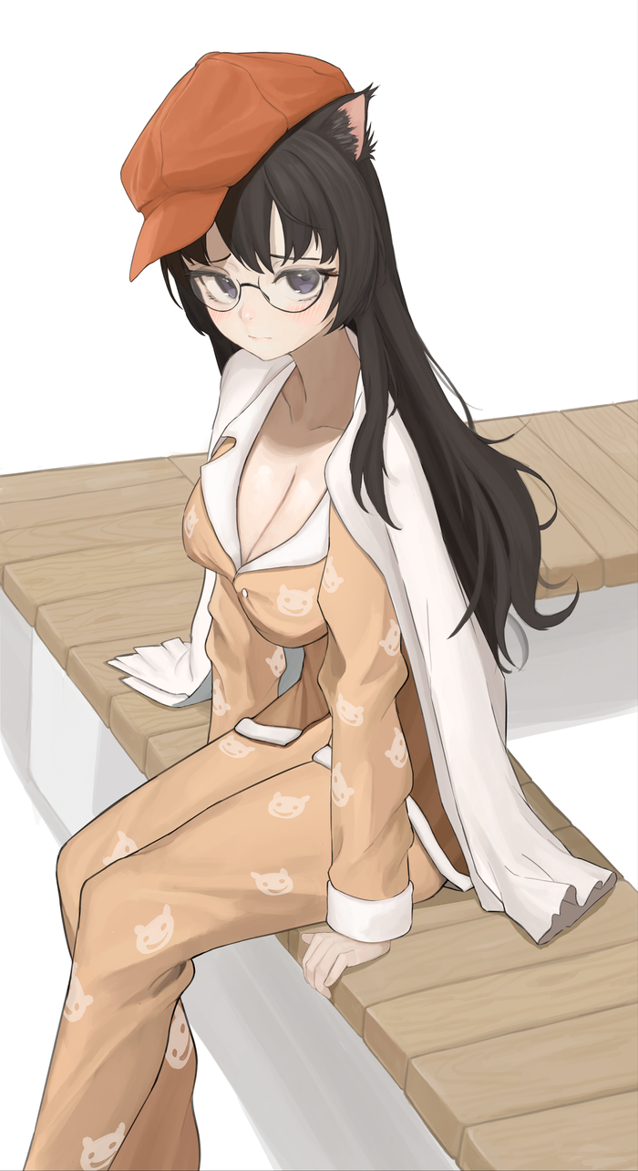 Non-costal growth - Series Monogatari, 18+, Anime art, Anime, Monogatari series, Bakemonogatari, Hanekawa tsubasa, Neko, Pajamas, Animal ears, Girl in glasses, NSFW